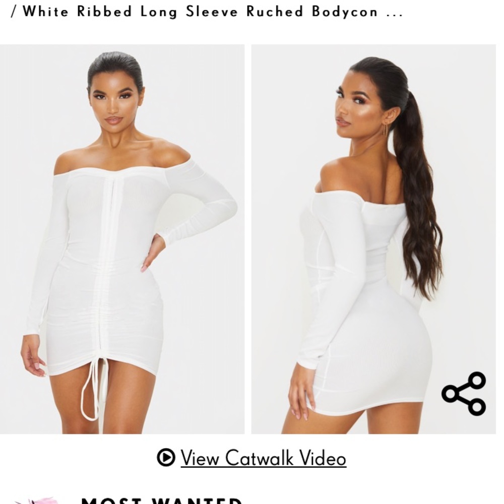 White ribbed long sleeve Bardot ruched dress